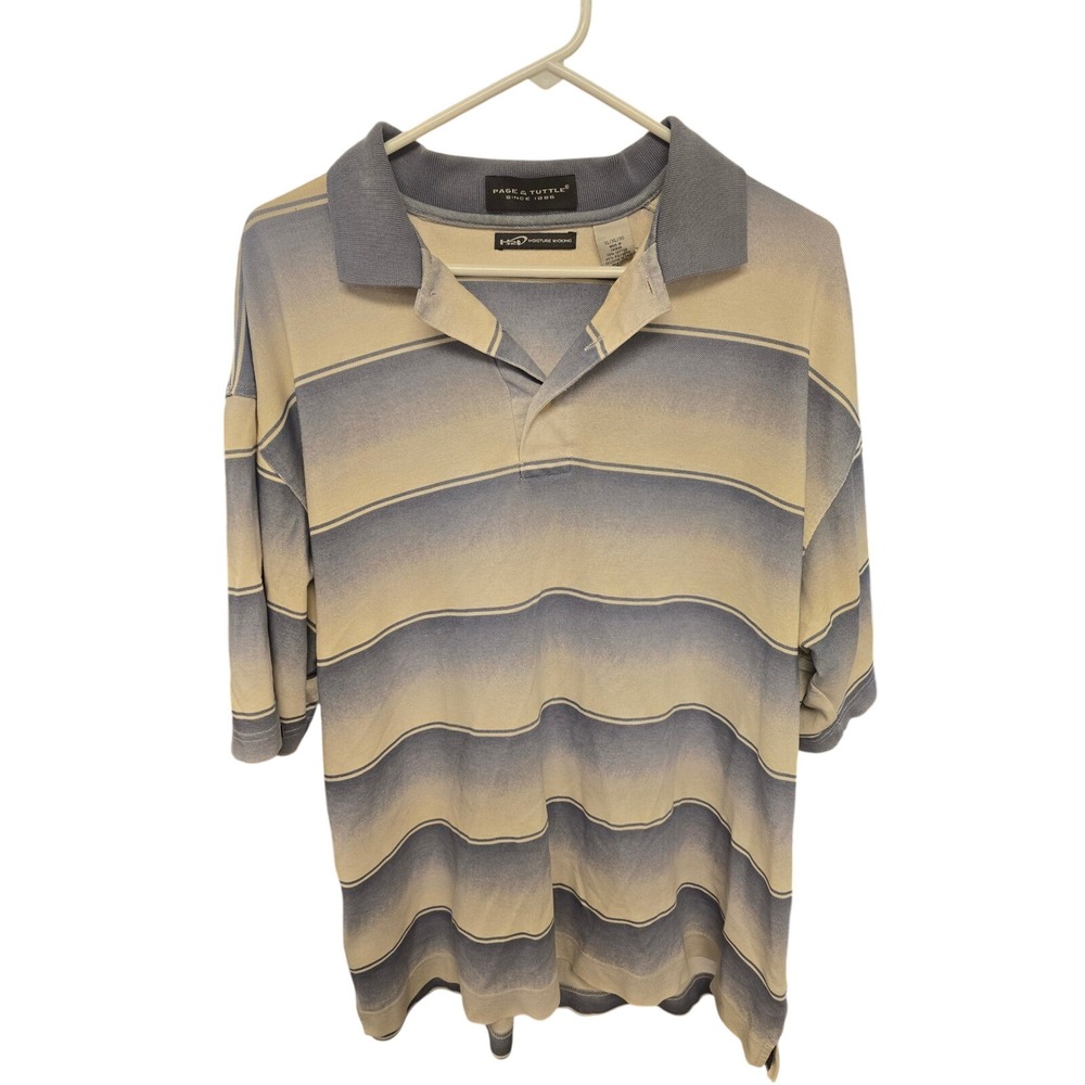 Page & Tuttle Mens XL H2O Moisture Wicking Striped Golf Polo Shirt Blue‎ Tan